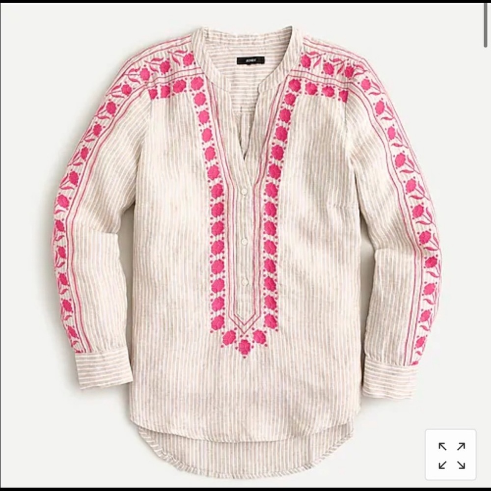 Embroidered V neck tunic in stripe linen